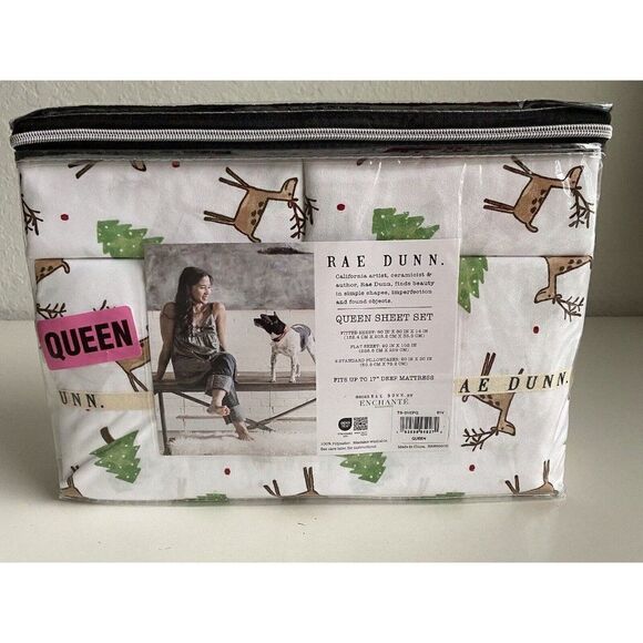 Rae Dunn Reindeer Christmas Tree Soft Queen Size Sheet Set Holiday 4 Piece NEW - Picture 8 of 14